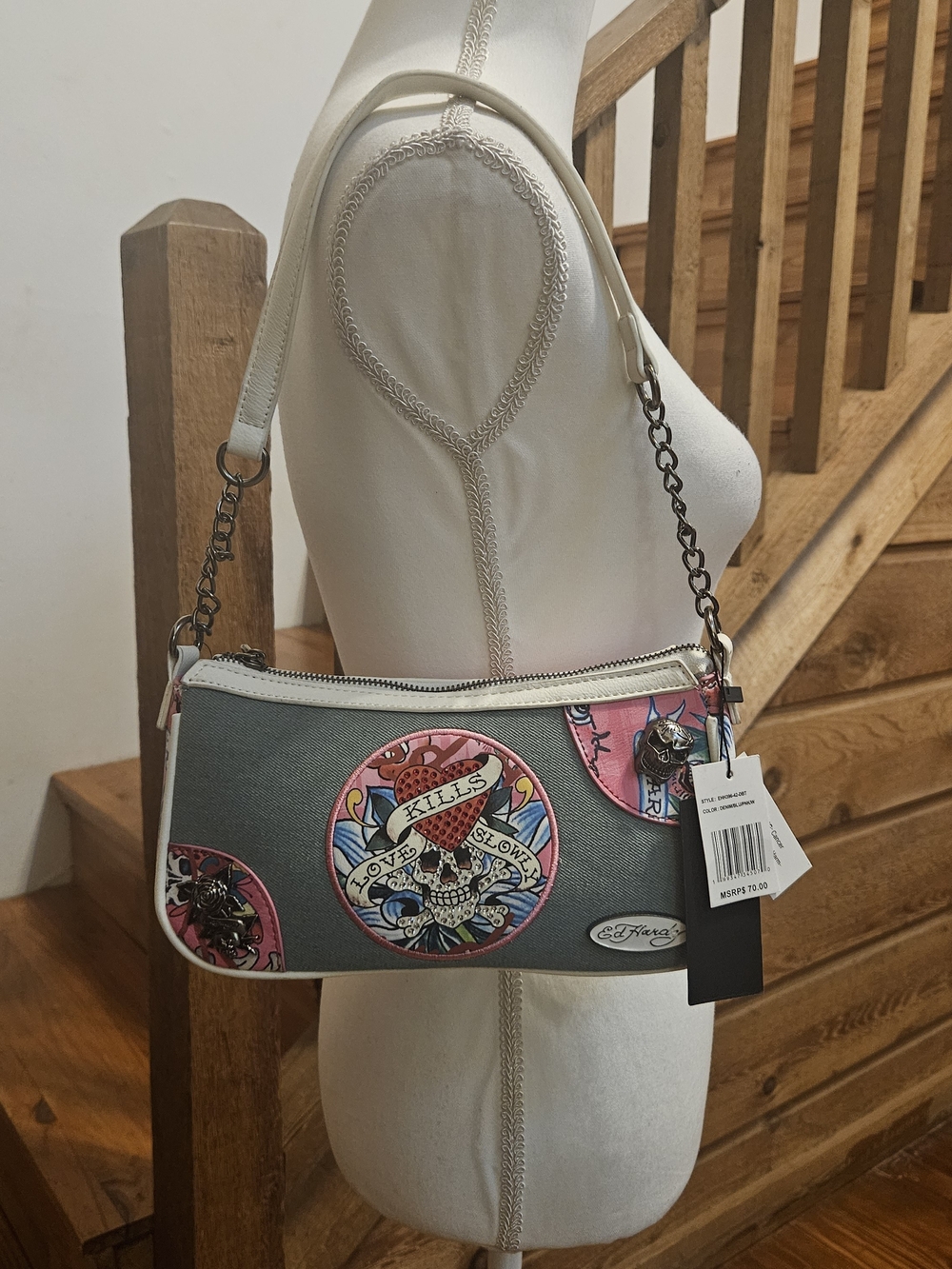 Ed Hardy Grey Shoulder Bag with Pink Accent With Straps